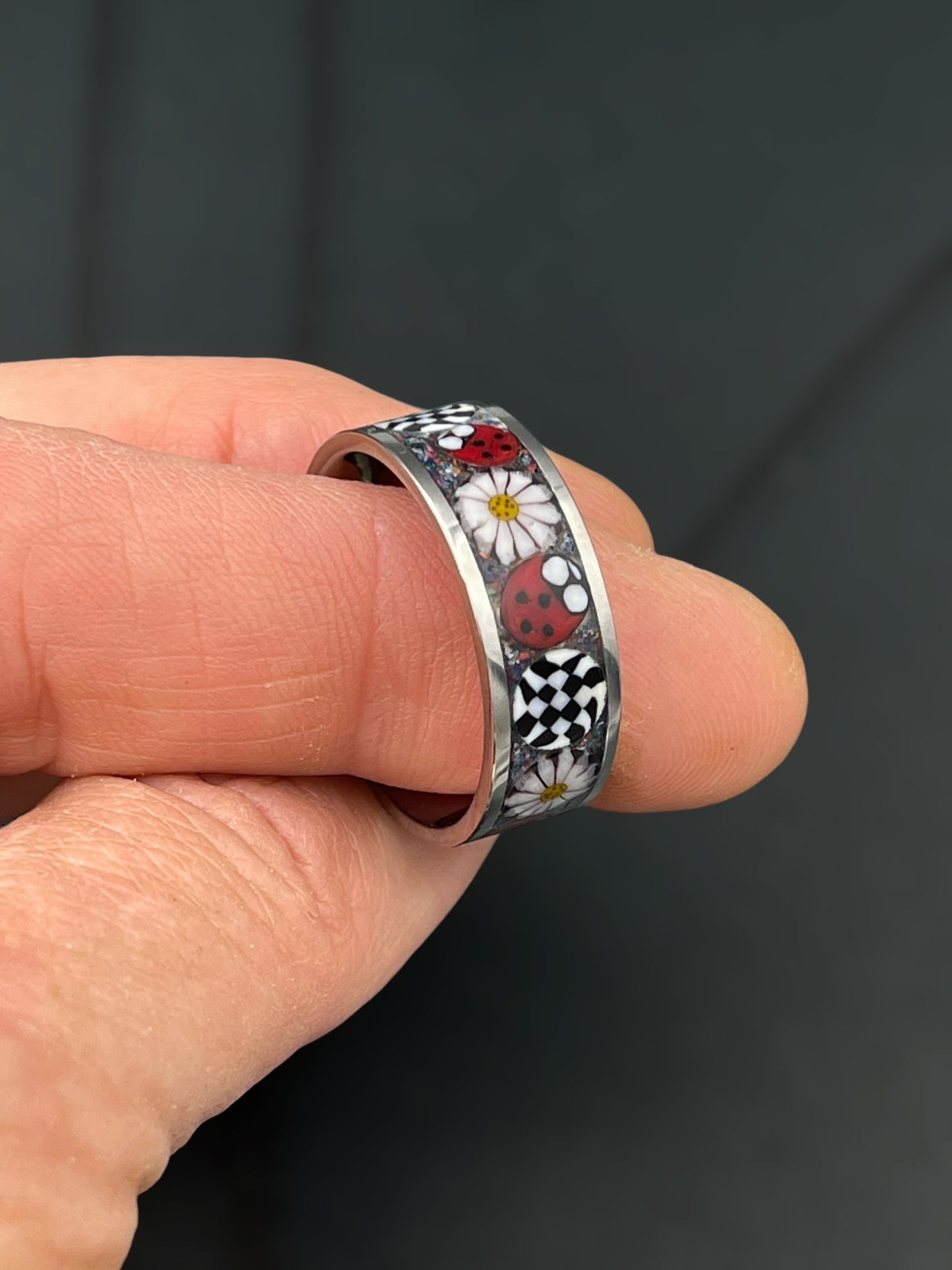Ladybug, Daisy Mosaic Murrine Inlay Ring size 10.5