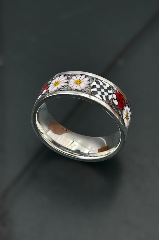Ladybug, Daisy Mosaic Murrine Inlay Ring size 10.5