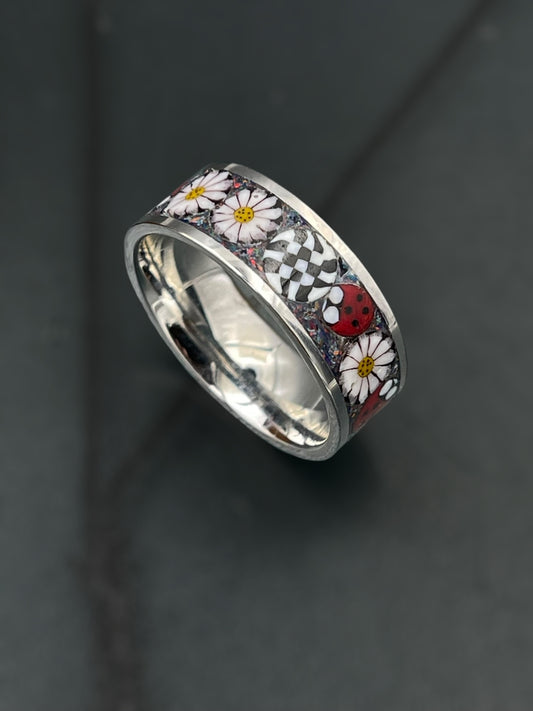 Ladybug, Daisy Mosaic Murrine Inlay Ring size 10.5
