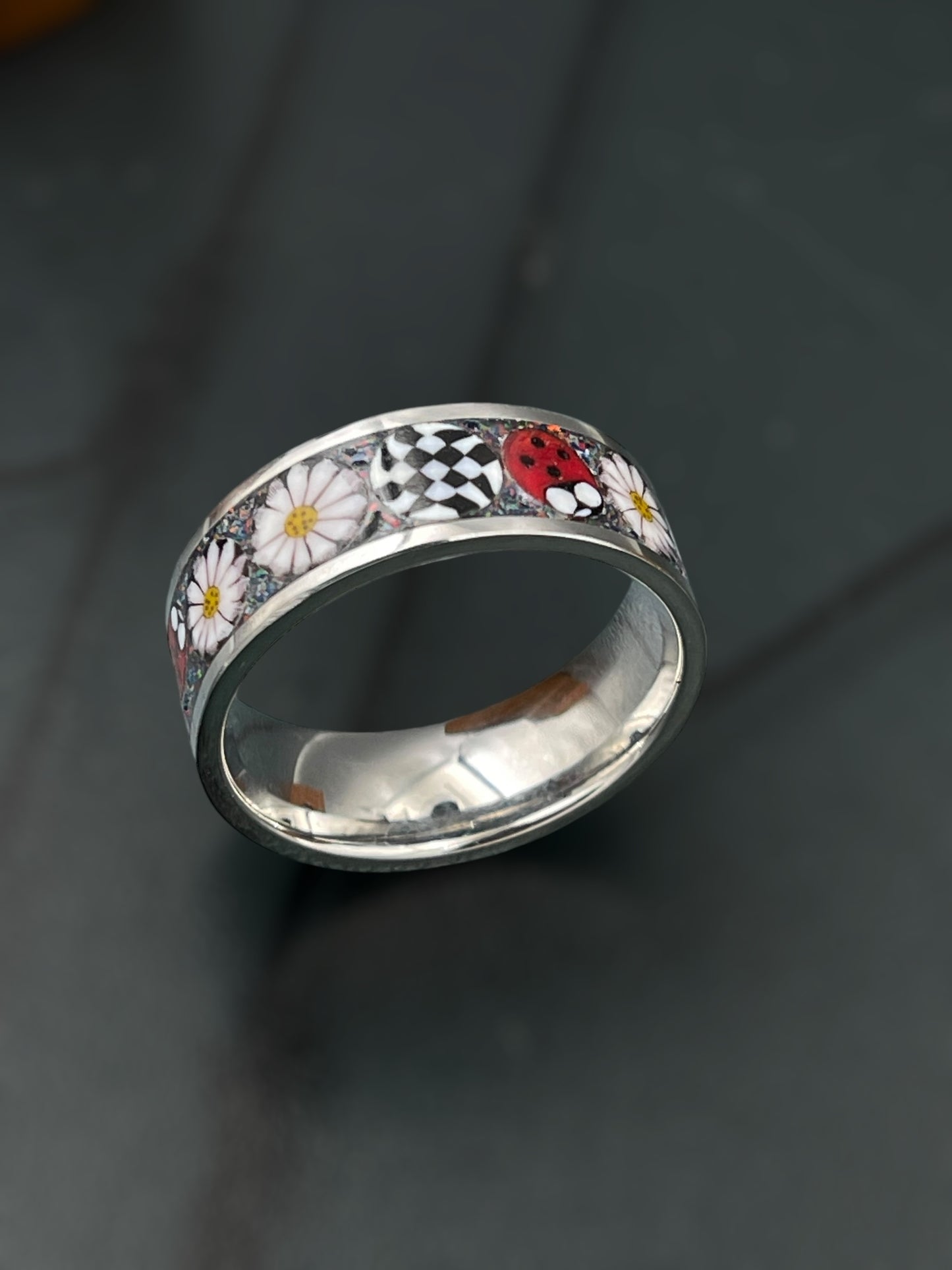 Ladybug, Daisy Mosaic Murrine Inlay Ring size 10.5