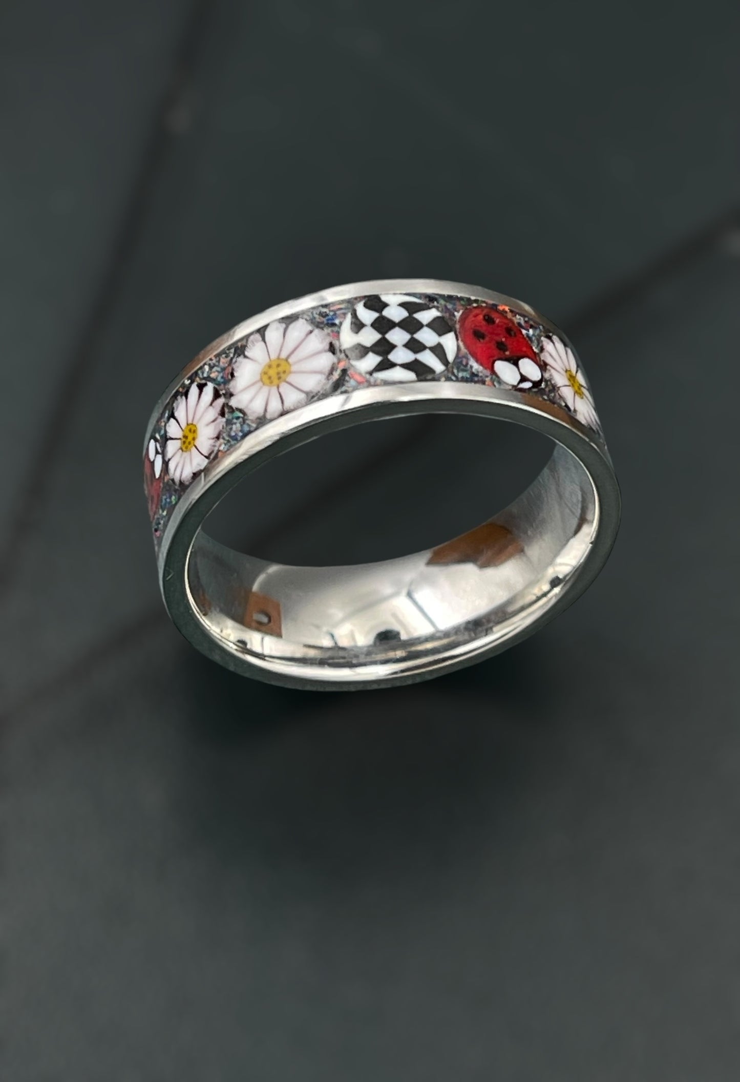 Ladybug, Daisy Mosaic Murrine Inlay Ring size 10.5