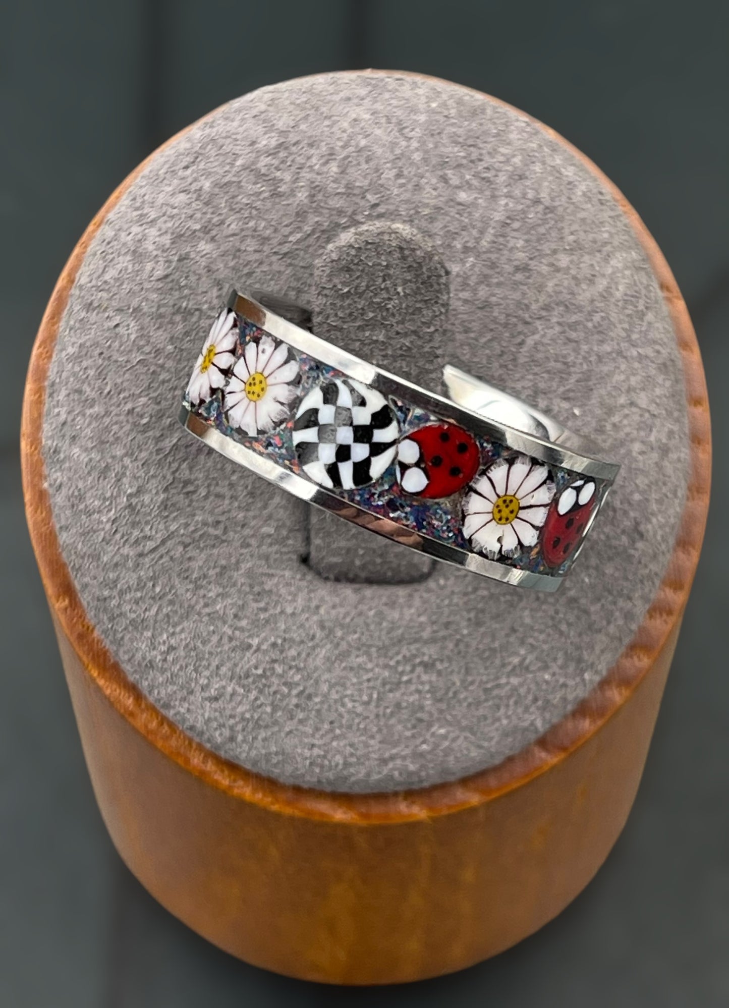 Ladybug, Daisy Mosaic Murrine Inlay Ring size 10.5