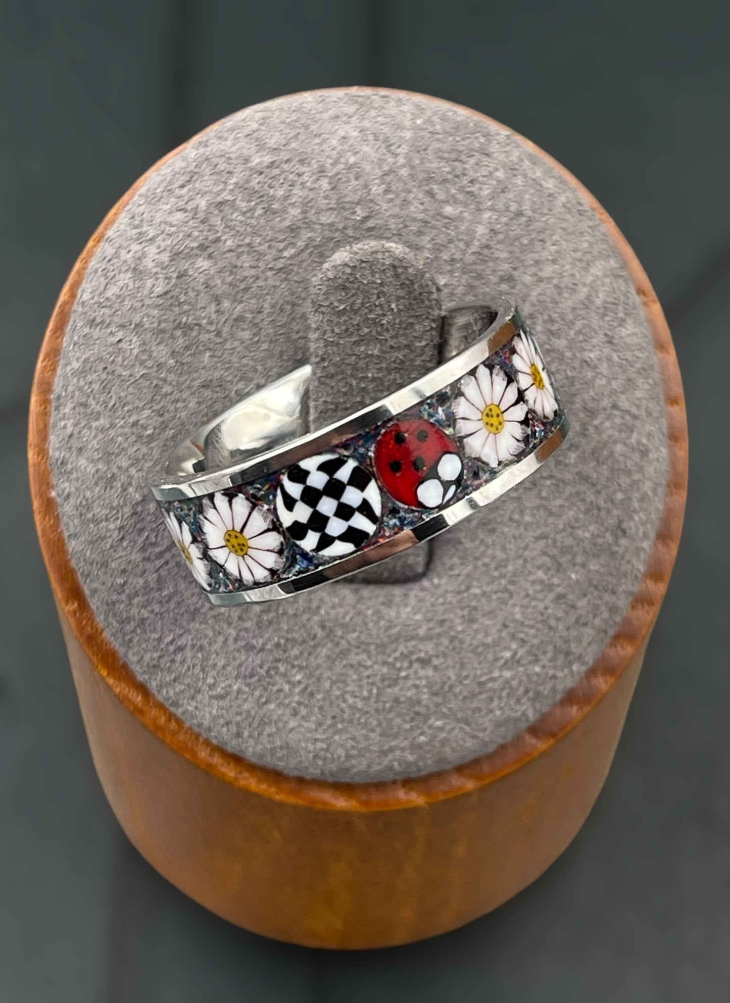 Ladybug, Daisy Mosaic Murrine Inlay Ring size 10.5