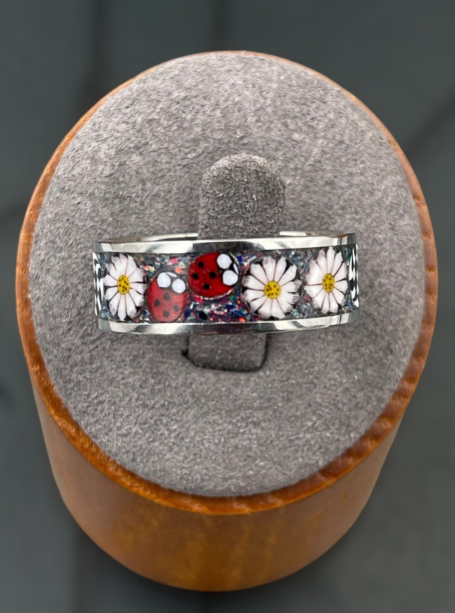 Ladybug, Daisy Mosaic Murrine Inlay Ring size 10.5