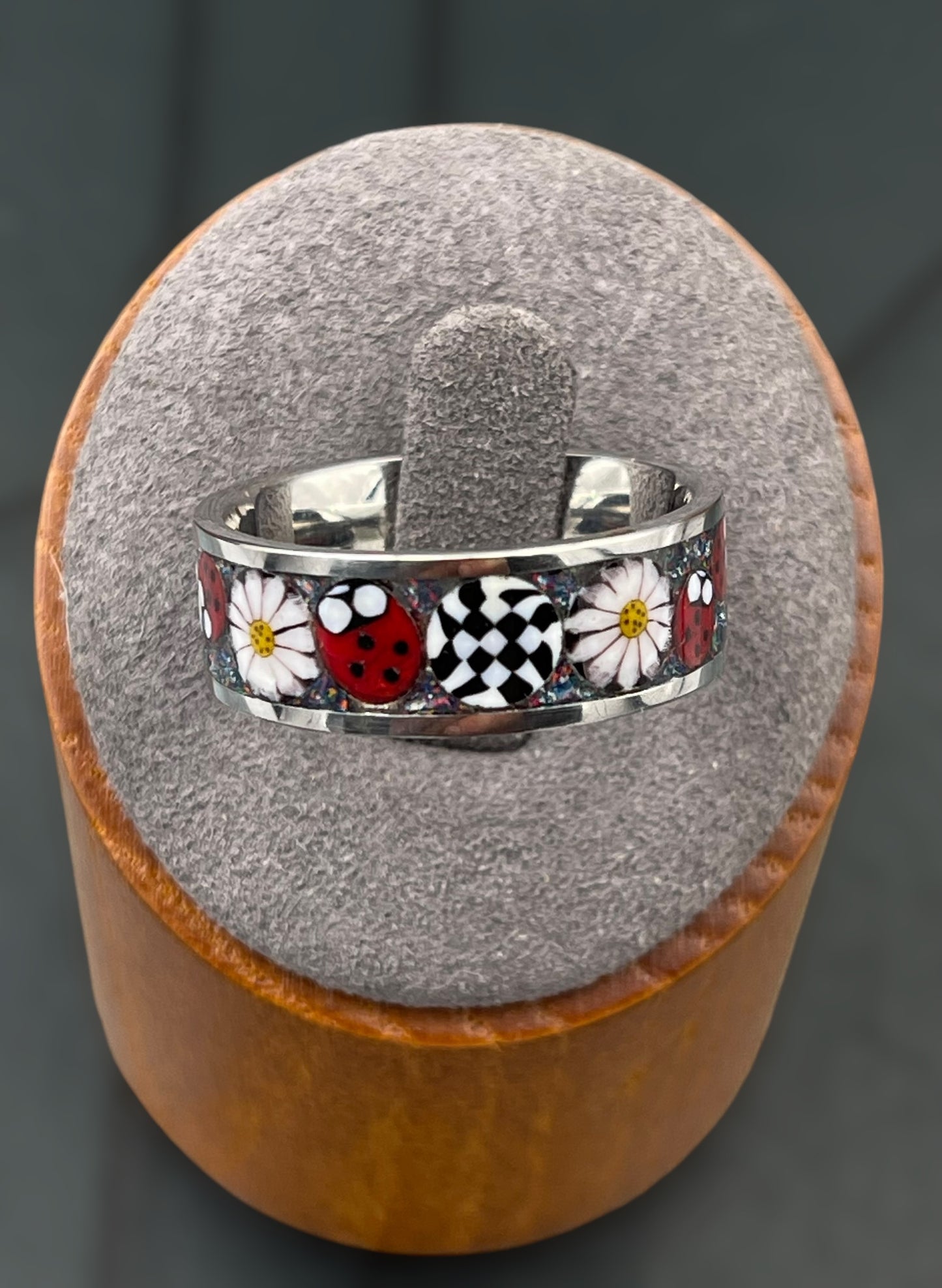 Ladybug, Daisy Mosaic Murrine Inlay Ring size 10.5