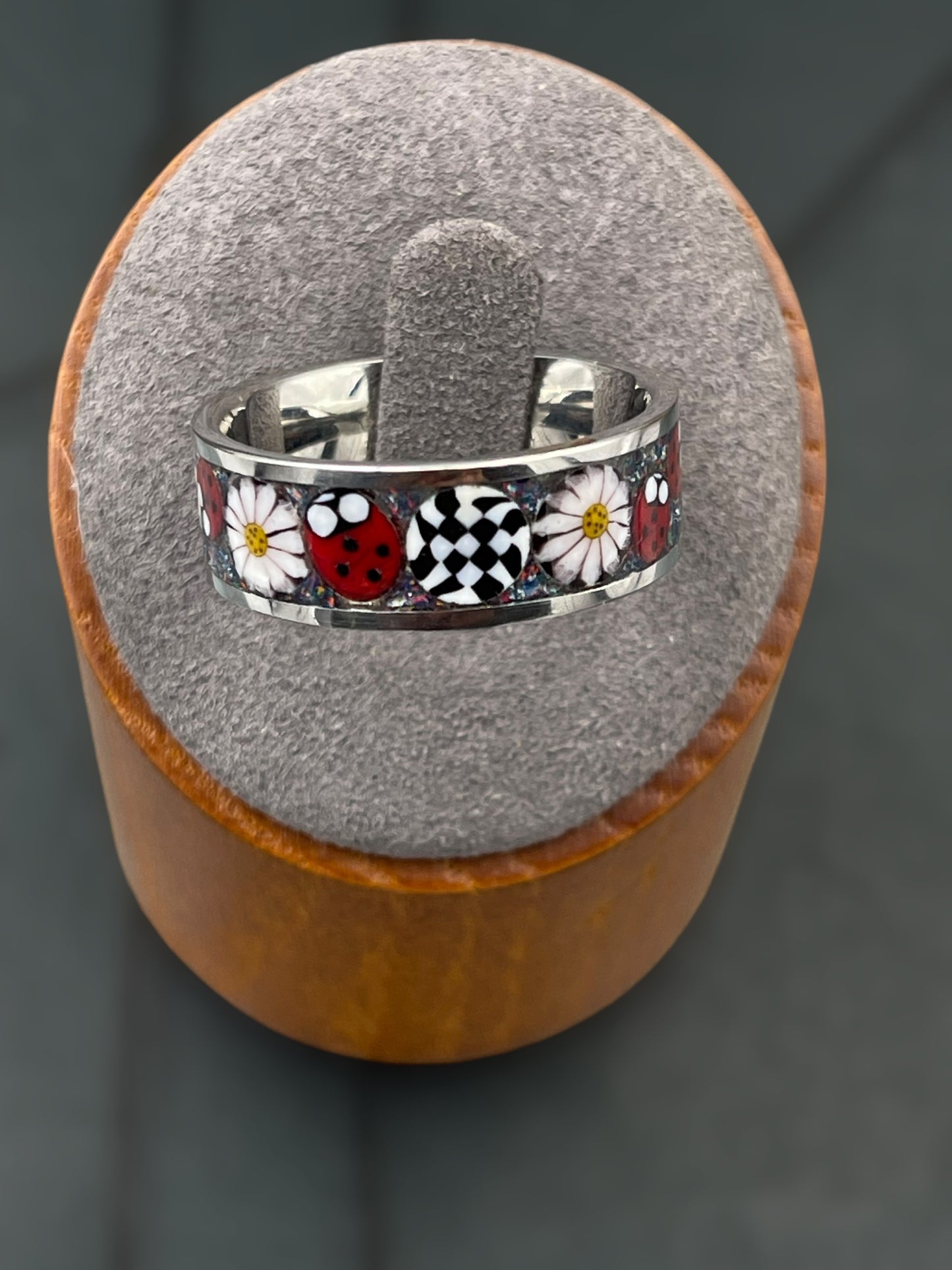 Ladybug, Daisy Mosaic Murrine Inlay Ring size 10.5