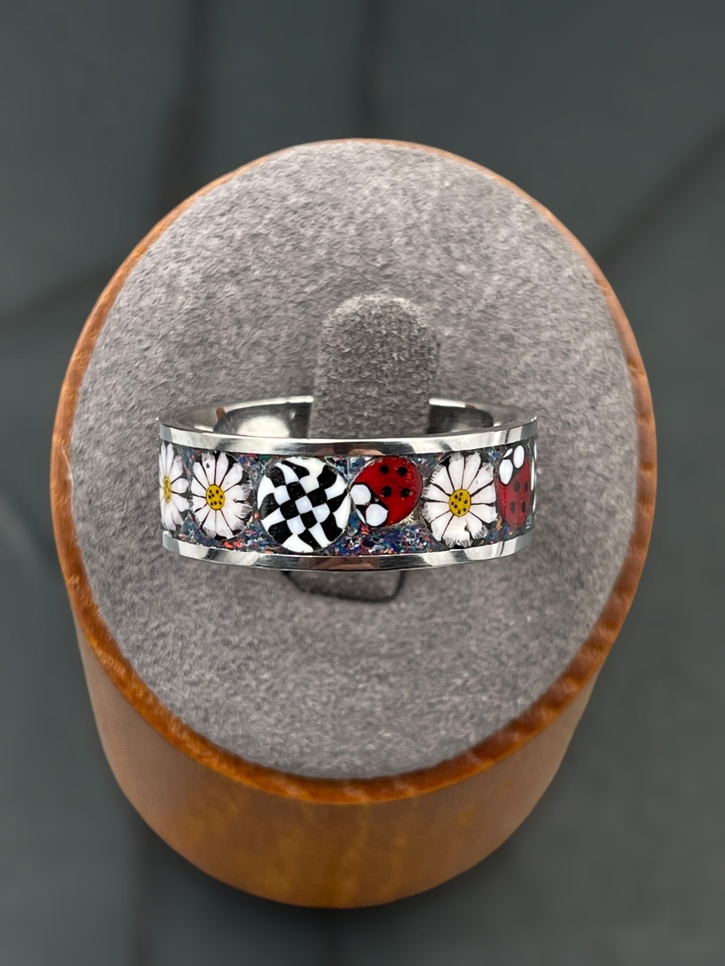 Ladybug, Daisy Mosaic Murrine Inlay Ring size 10.5