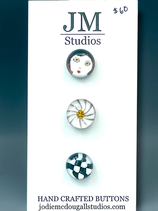 Whimsical black and white buttons 3 set 15mm