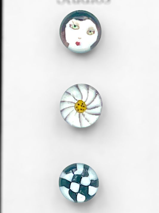 Whimsical black and white buttons 3 set 15mm